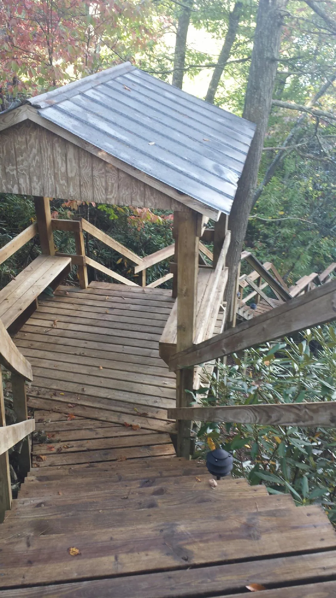 Metal roofed shelter over wooden steps on a wooded walkway — Skylight Repair & Installation work by our crew in Luthersville